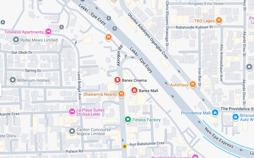 Map showing Banex Mall event halls in Oniru Lekki